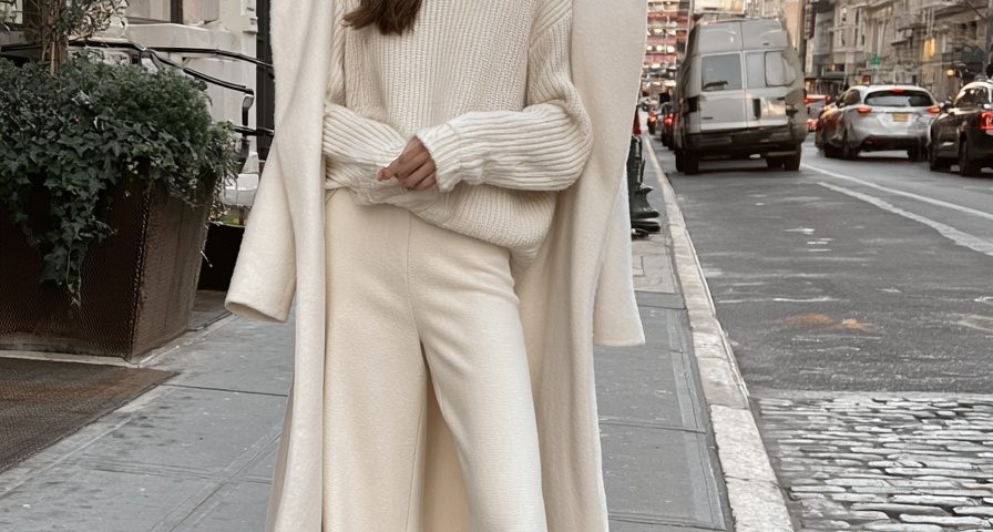 Woman in a cream knit sweater and cream wide leg trousers with a long ivory wool coat worn open on a city street