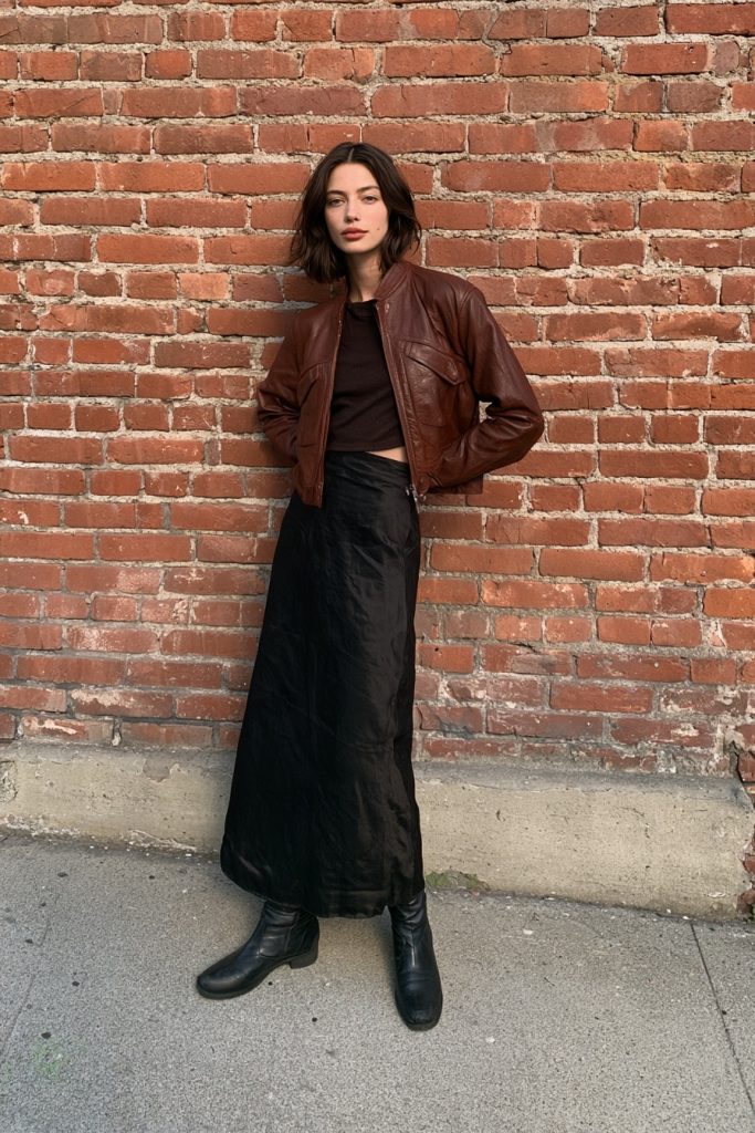 Woman in a cropped brown leather jacket with a long black slip skirt and ankle boots against a brick wall
