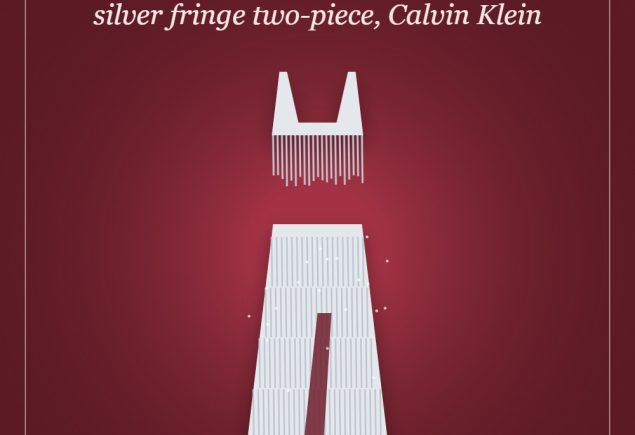 Illustrated graphic of Dakota Johnson’s silver fringe two-piece