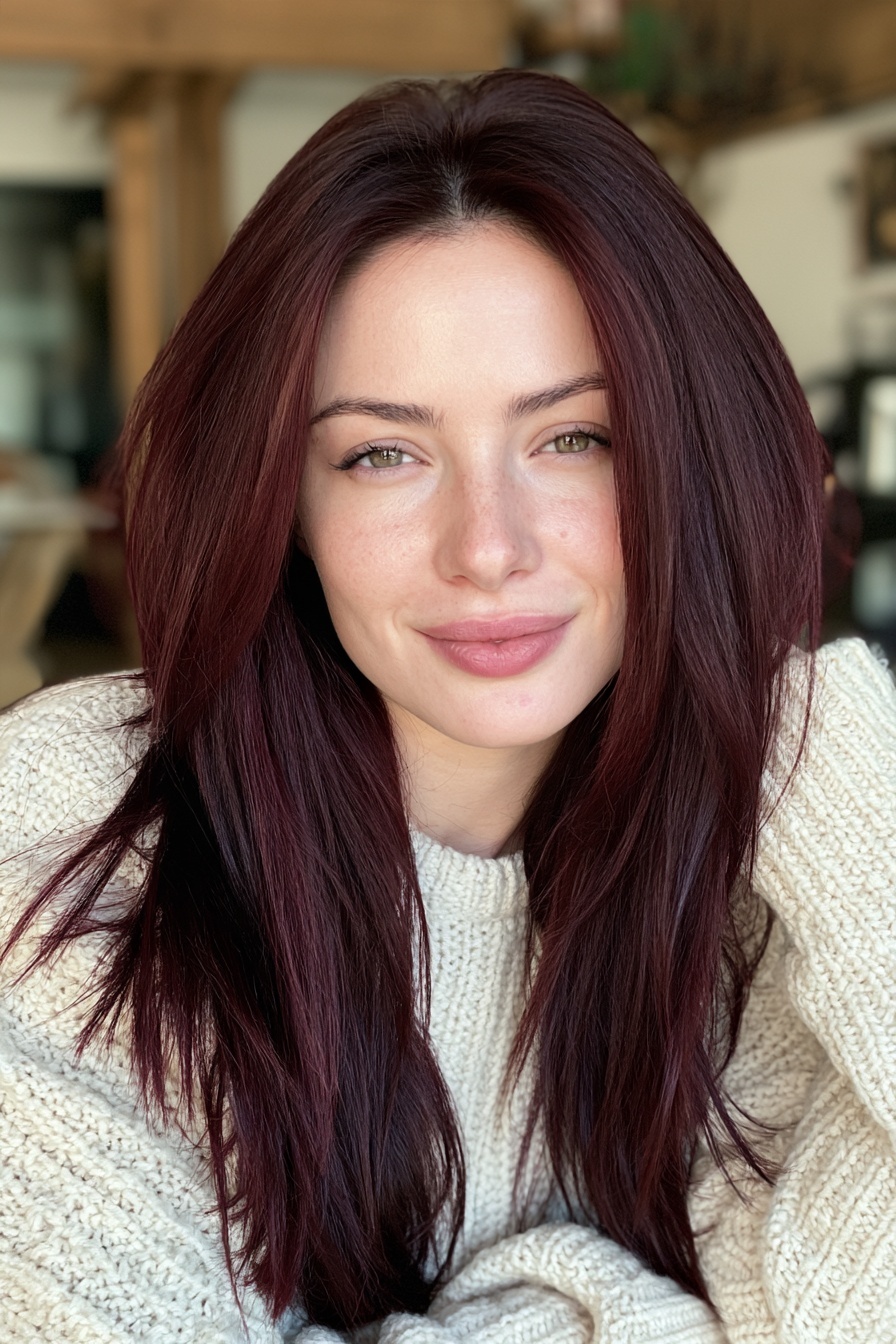 Woman with dark burgundy long layers in a cream knit sweater indoors