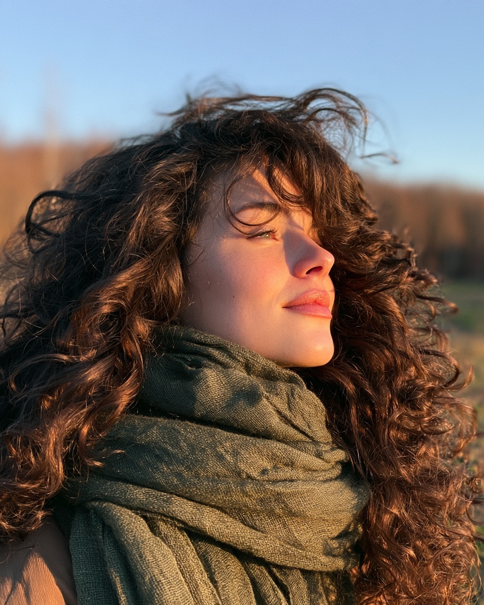 Woman with dark cocoa brown curly hair in a green scarf on a cold autumn day