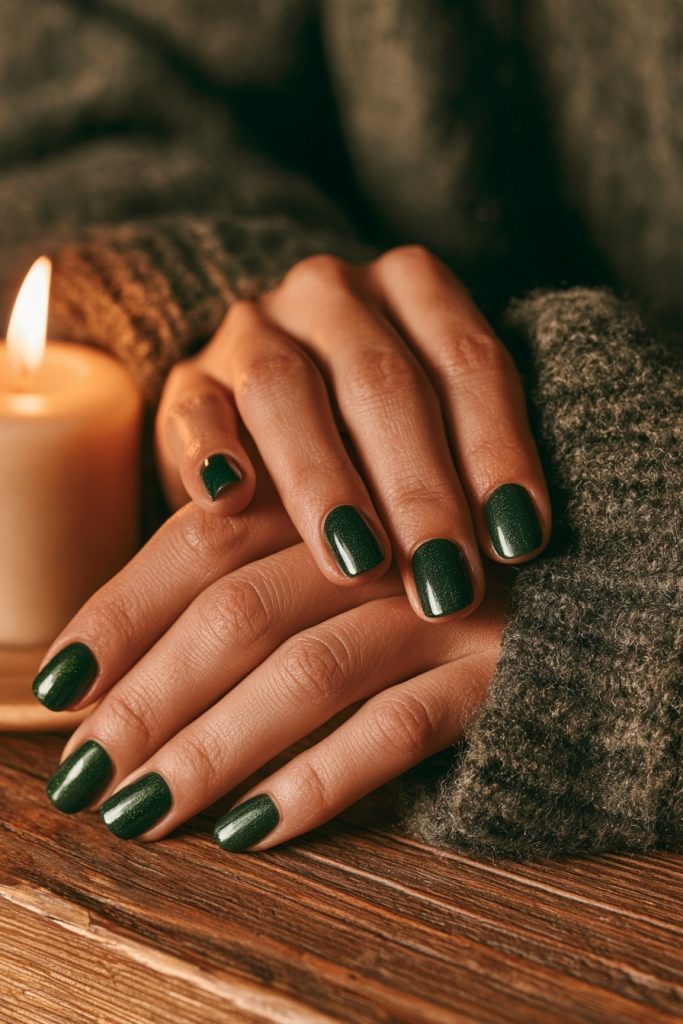 Close up of hands with dark emerald green nails resting on a wooden table with a lit candle