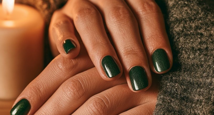 Close up of hands with dark emerald green nails resting on a wooden table with a lit candle