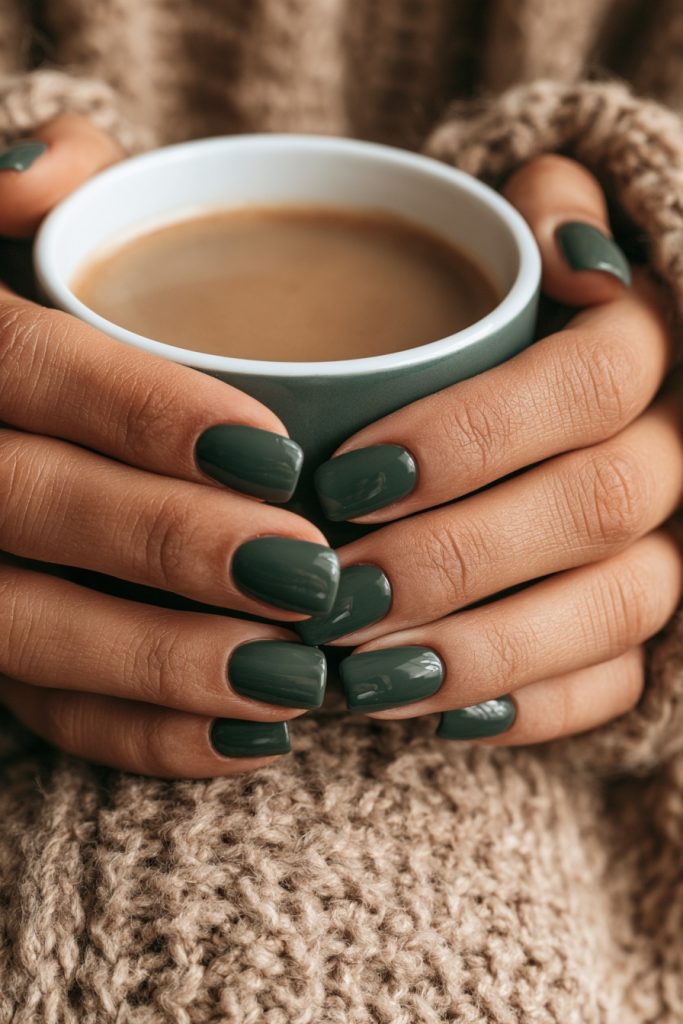 Close up of hands with short dark forest green nails holding a coffee cup in a cozy knit sweater