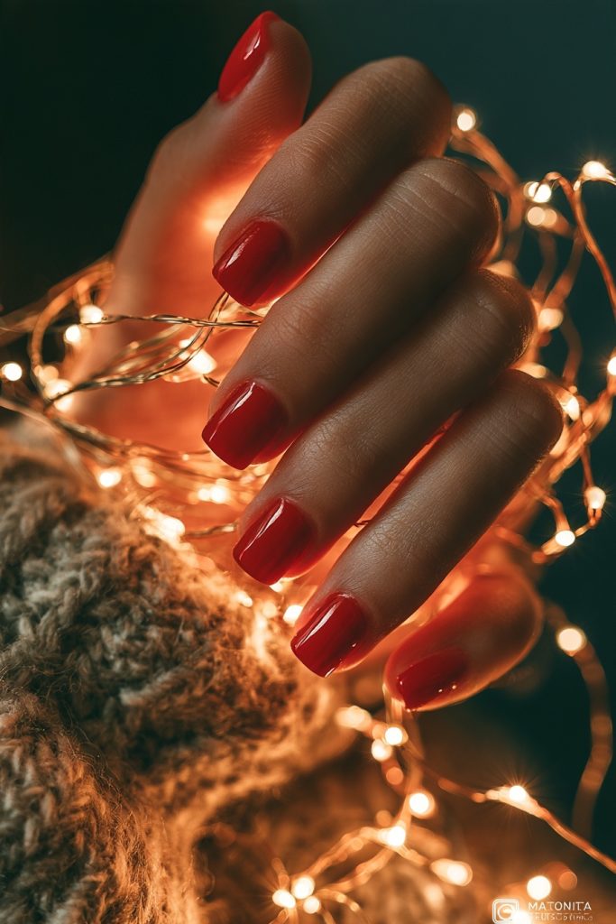 Hand with short square nails in classic red polish held in warm glowing string lights