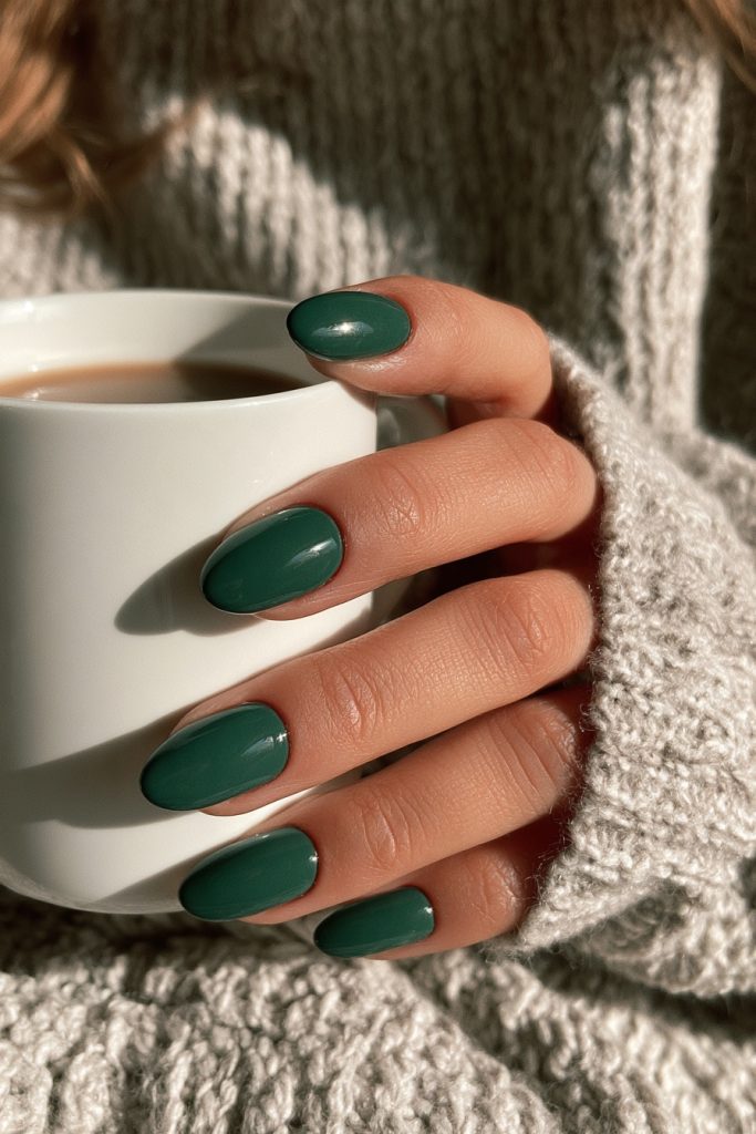 Hand with glossy emerald green almond nails holding a white ceramic mug of hot chocolate