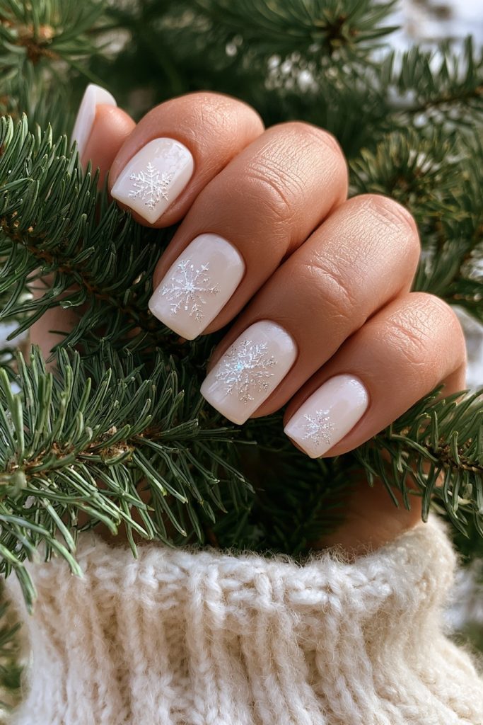 Hand with short milky white nails with a fine shimmer held near green pine branches and a cream knit