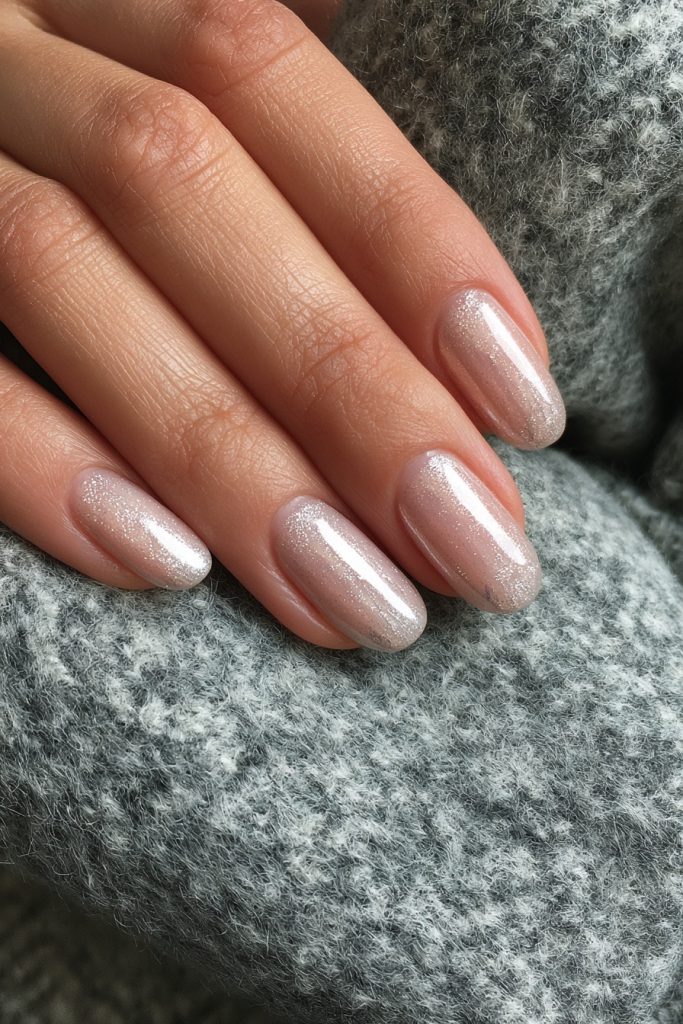 Hand with oval nails in soft pearly pink polish with a subtle chrome shimmer resting on a grey wool sleeve