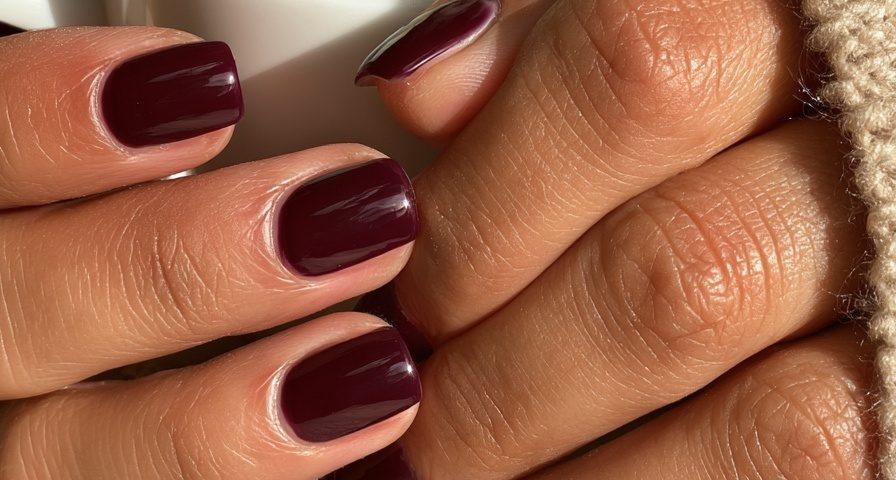 Close up of hands with deep plum nails holding a white coffee cup in a cozy knit sweater