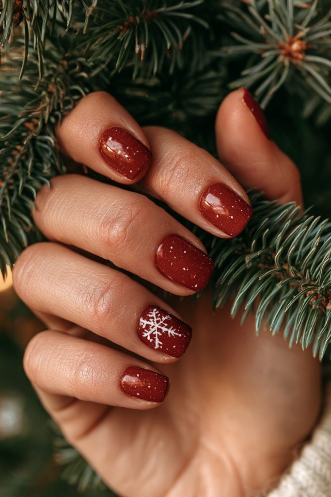 Close-up of a hand with short deep red nails with tiny white flecks and a snowflake accent holding a pine branch