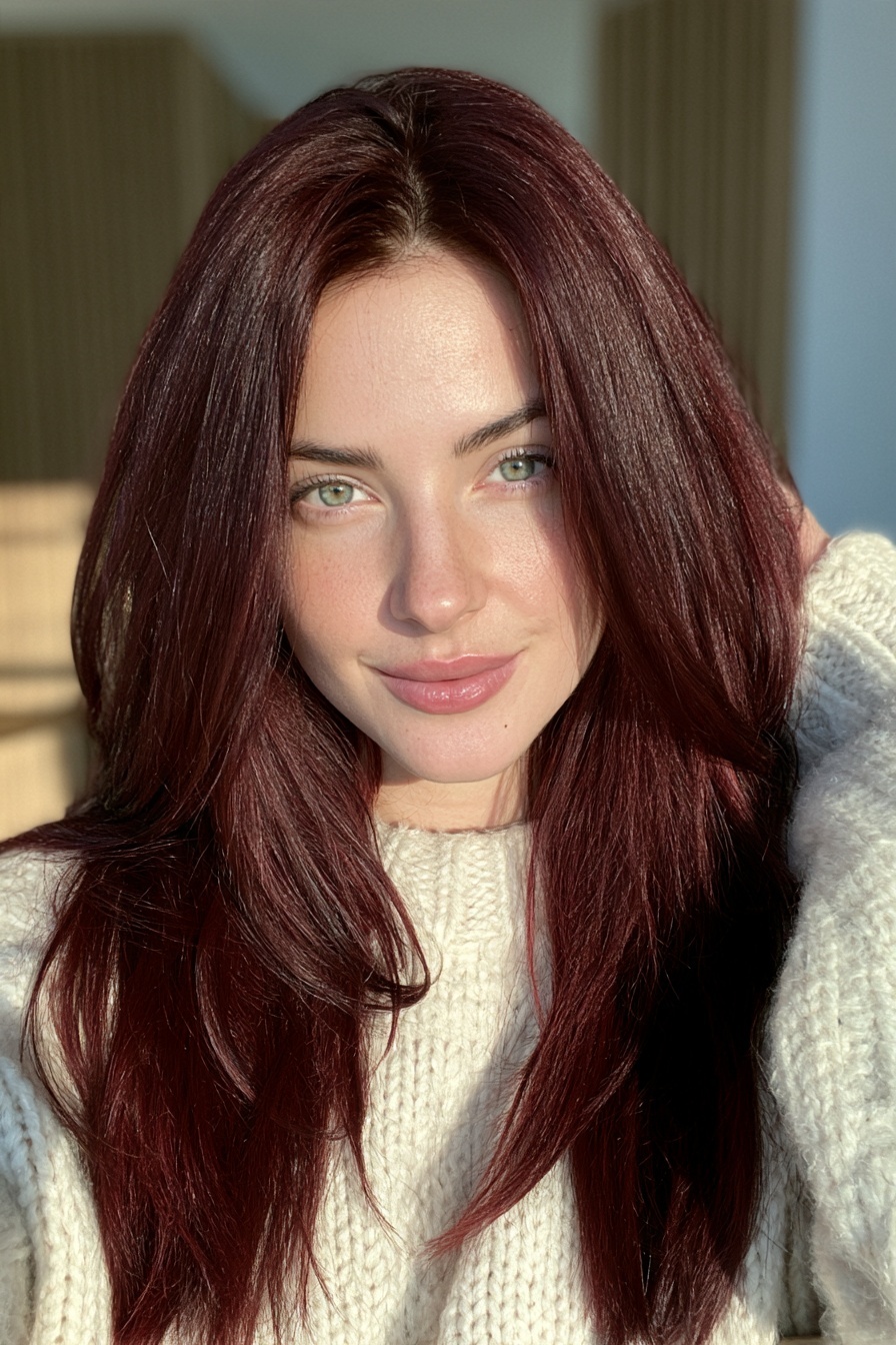 Woman with deep wine burgundy long straight hair in a cream wool sweater