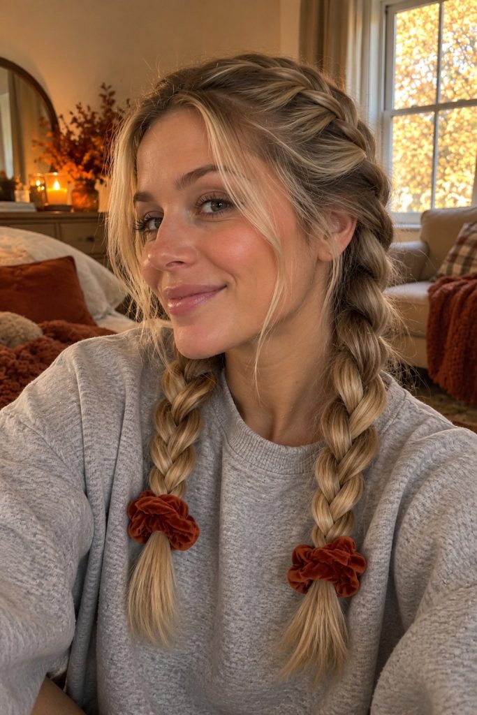 Blonde with two French braids tied with velvet scrunchies, wearing a gray sweatshirt
