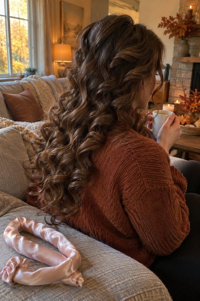 Before and after of a double wrap heatless curl rod on long brown hair with bouncy curls