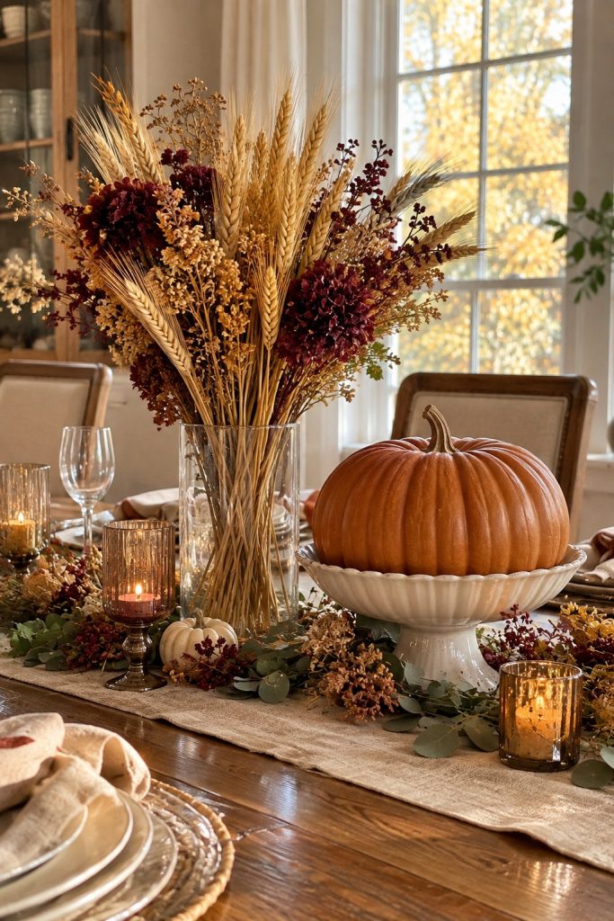 Tall glass vase of dried wheat and burgundy dried flowers beside a pumpkin on a pedestal bowl