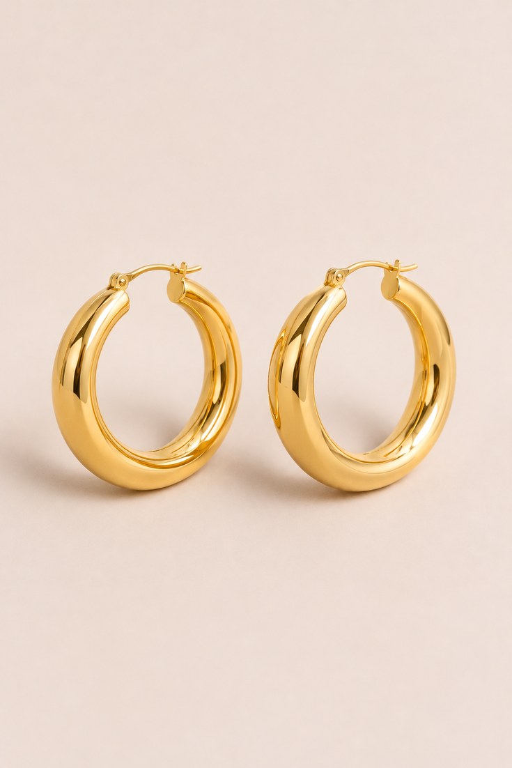 A pair of thick chunky gold hoop earrings on a cream backdrop