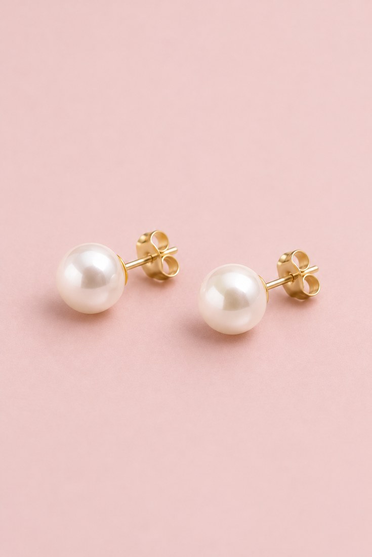 A pair of round white pearl stud earrings with gold posts on a blush backdrop