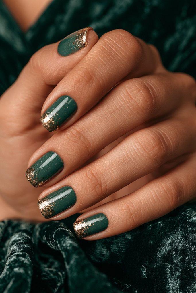 Hand with emerald green nails and gold glitter tips on velvet