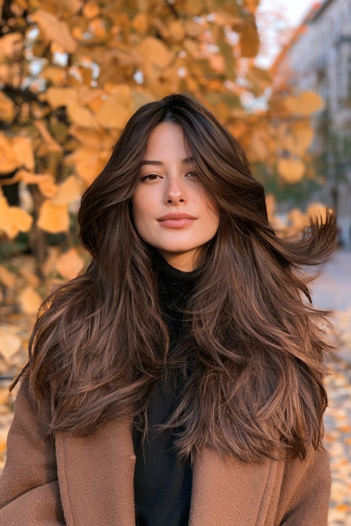 Woman with long espresso brown layers and soft movement in a camel coat among autumn leaves