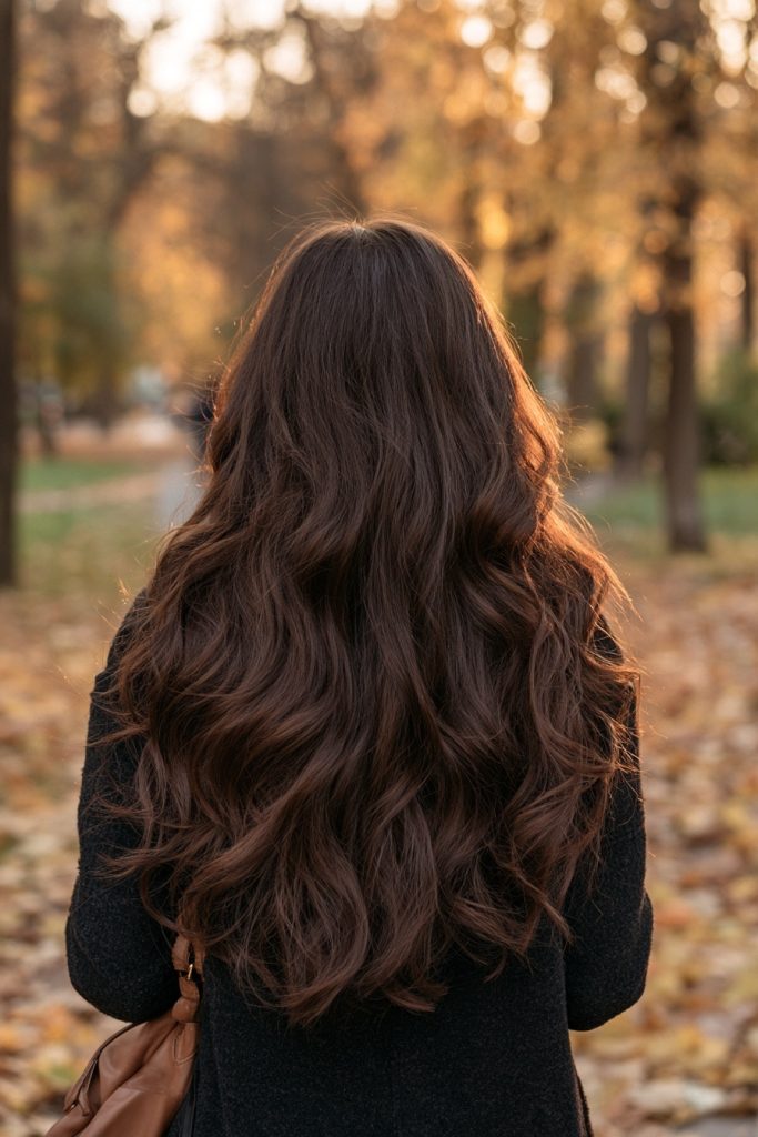 Back view of long espresso brown waves on a woman walking through an autumn park