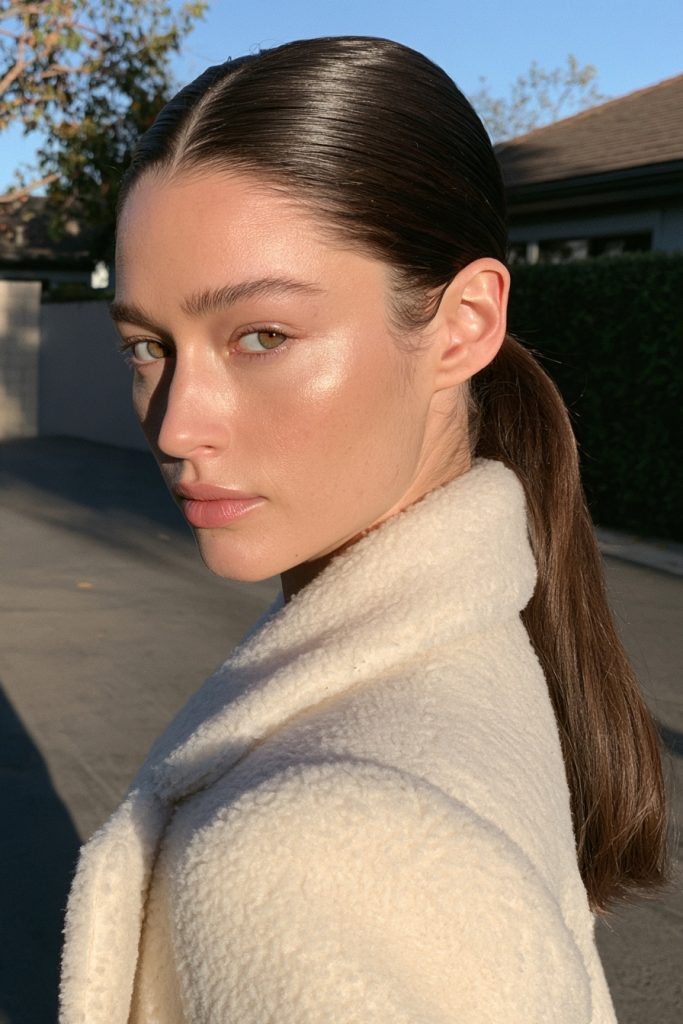 Woman with glossy espresso brown hair in a sleek low ponytail wearing a cream coat