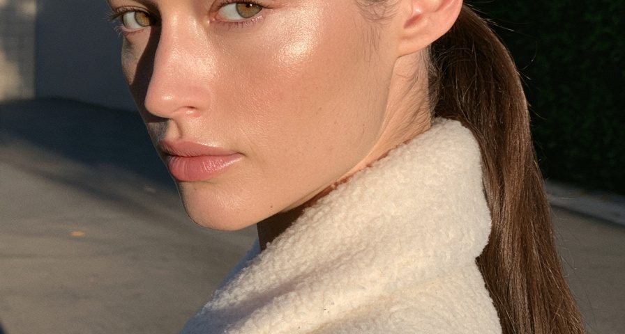 Woman with glossy espresso brown hair in a sleek low ponytail wearing a cream coat