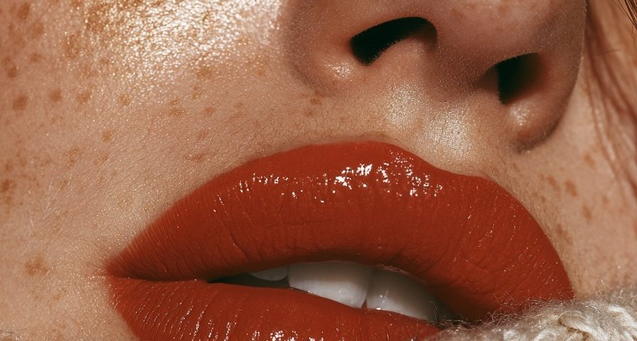 Close up of lips with a glossy burnt orange lipstick and golden freckles beside a knit sleeve