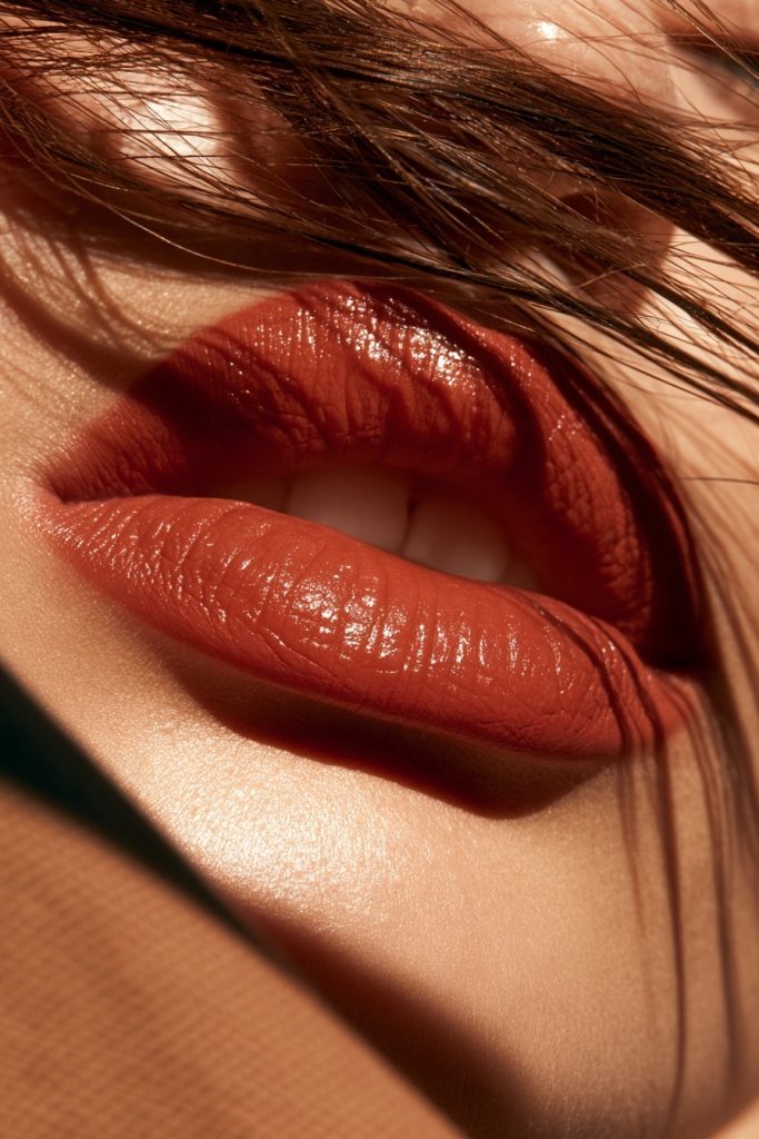 Close up of lips with a deep terracotta lip color in warm light