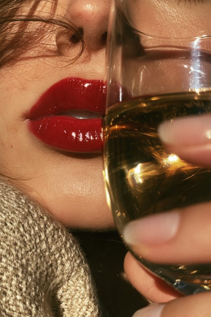 Close up of a glossy cranberry red lip with a hand holding a glass of cider