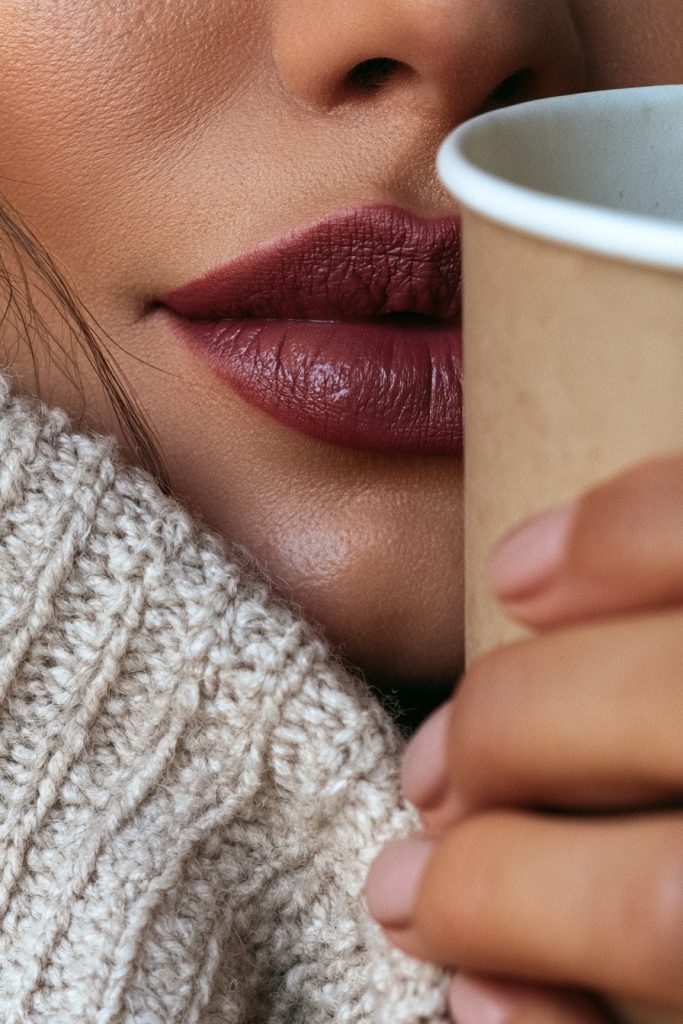 Close up of a matte plum berry lip stain with a hand holding a coffee cup and a knit sweater