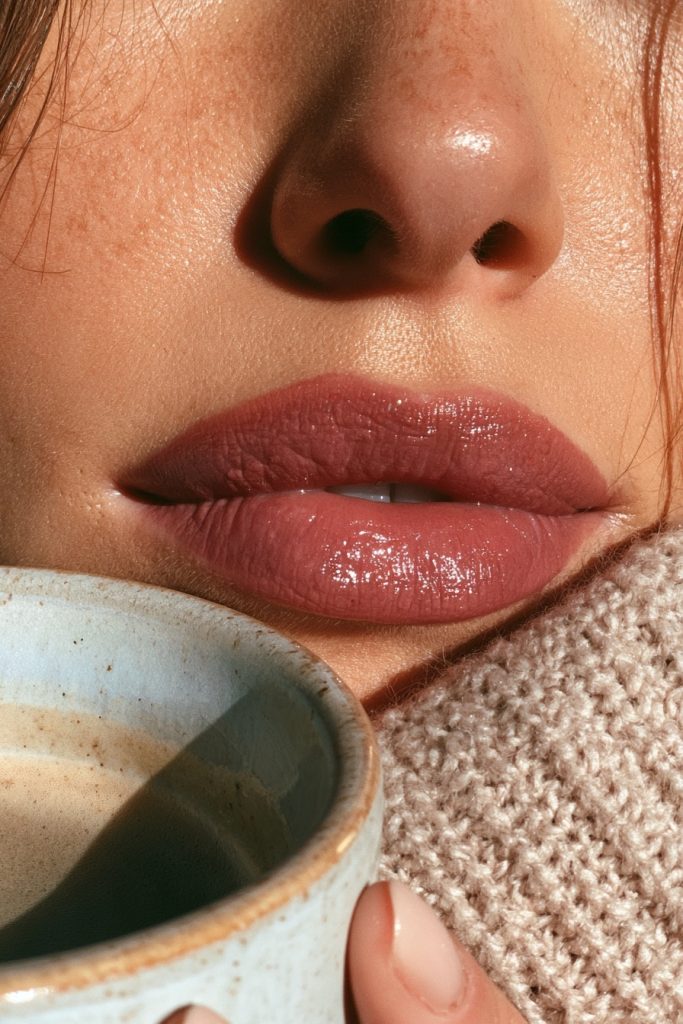 Close up of a rosy brown lip with a ceramic coffee mug and a cream knit sweater
