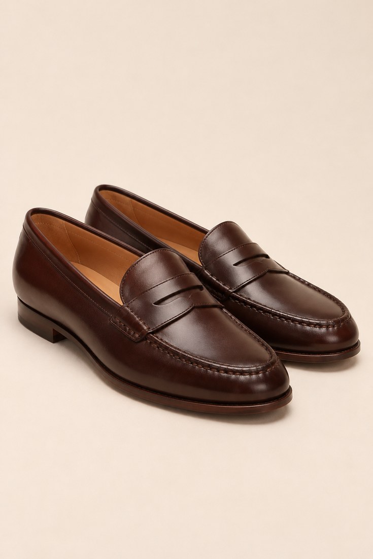 Pair of brown leather penny loafers with a slotted strap on a warm cream background