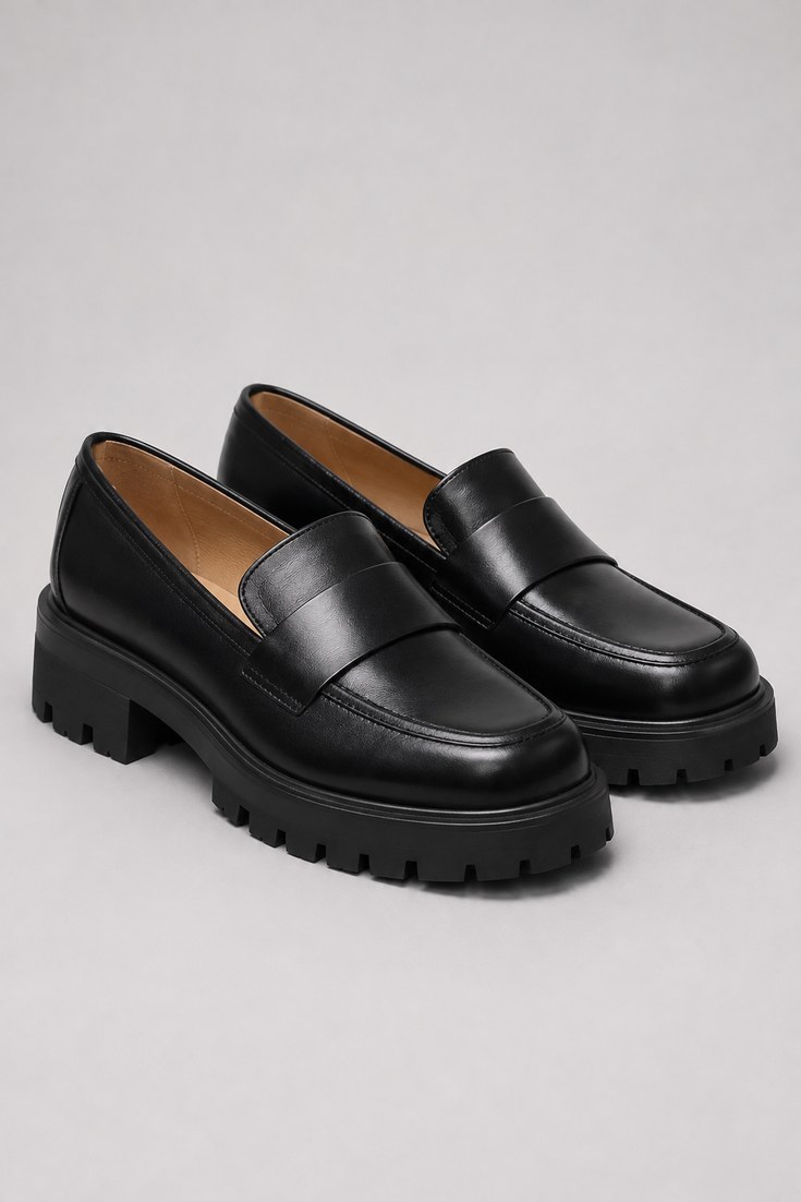 Black leather chunky lug sole loafers with a thick treaded sole on a light grey background