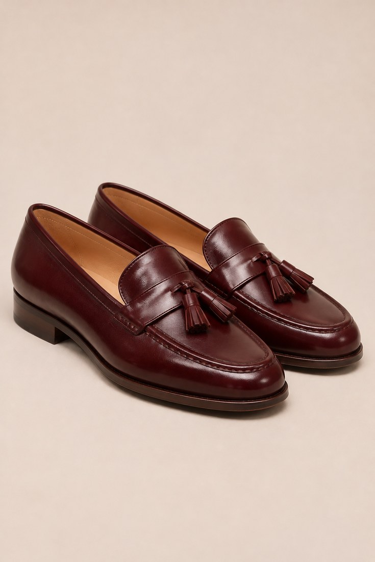 Pair of burgundy leather tassel loafers on a beige background