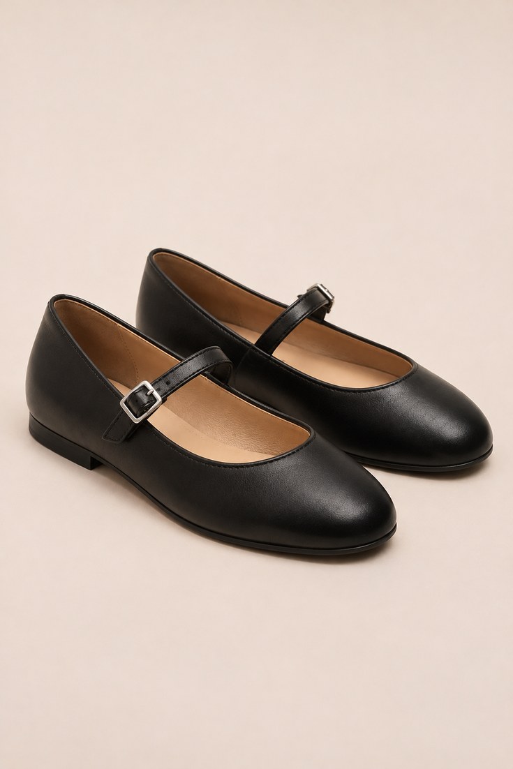 Black leather single strap Mary Jane flats with a small buckle on a soft cream background