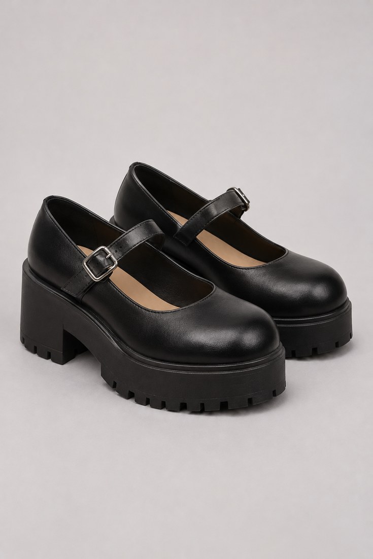 Black platform Mary Jane shoes with a thick sole and strap on a light grey background