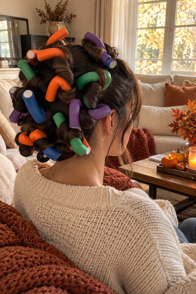 Collage of colorful flexi rods in dark hair and the resulting defined spiral curls