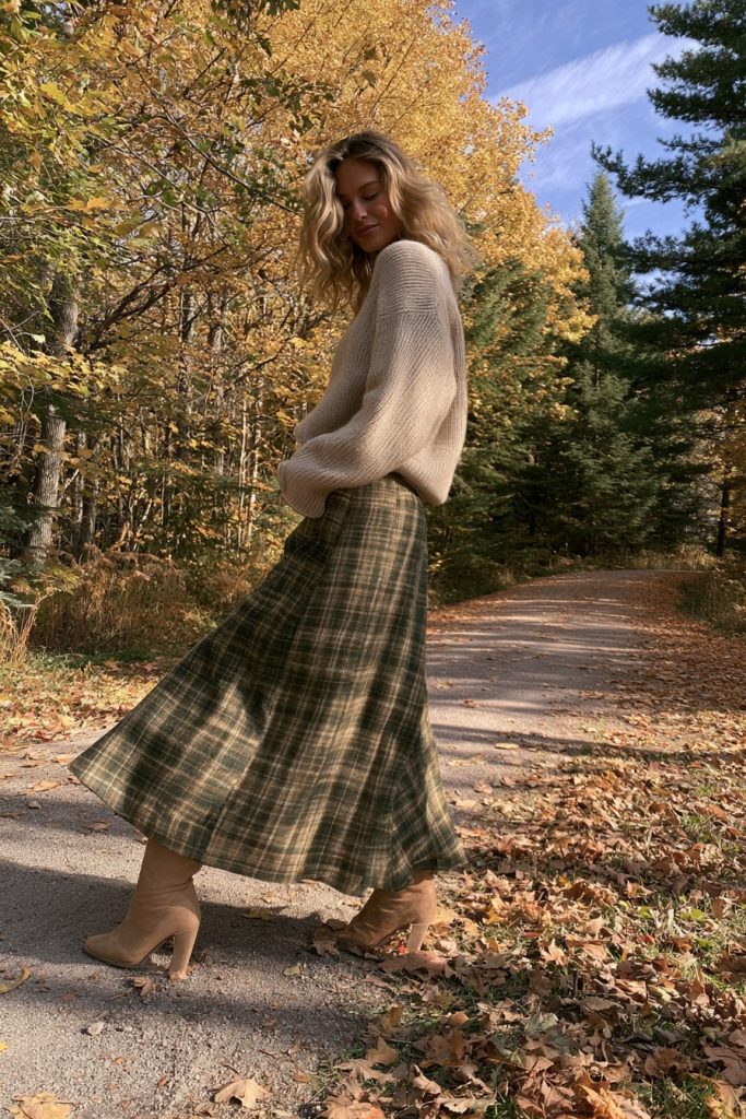 Woman in a forest green plaid midi skirt with a beige knit sweater and tan ankle boots on an autumn path