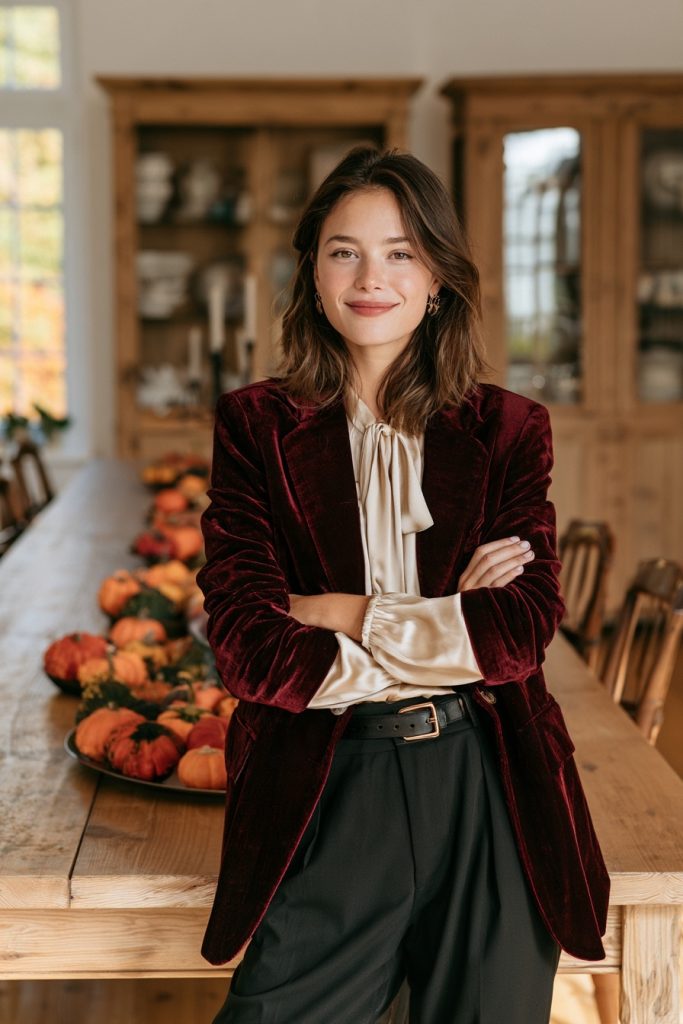 Woman in a burgundy velvet blazer with a cream silk blouse and black trousers standing by a long table with pumpkins