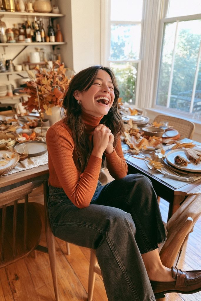 Woman in a burnt orange turtleneck with dark wide leg jeans and loafers laughing at a set holiday table
