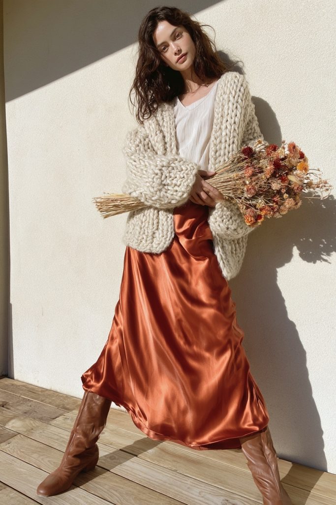 Woman in a chunky cream cardigan over a rust satin midi skirt with tall brown boots holding dried flowers