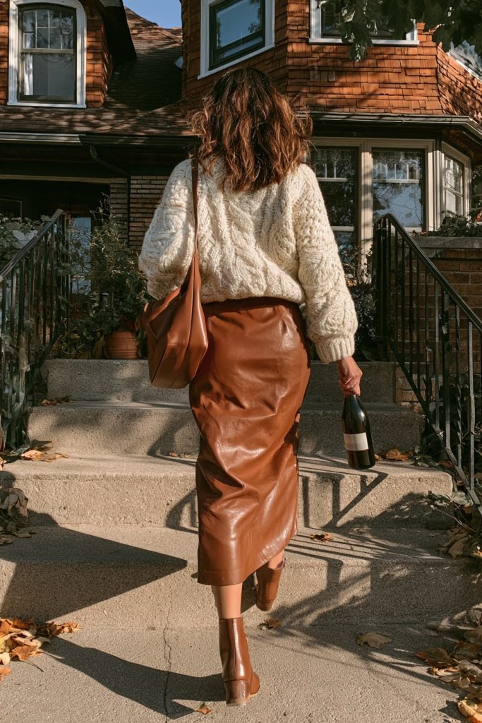 Back view of a woman in a cream cable knit sweater and brown leather midi skirt with ankle boots carrying a bottle of wine up porch steps