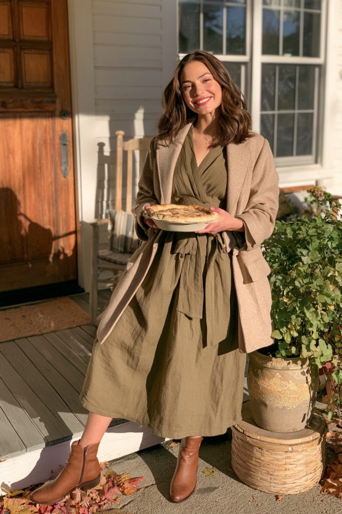 Woman in an olive green wrap dress with a camel blazer and brown boots holding a pie on a porch