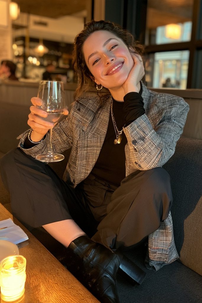 Woman in a plaid blazer over a black top with dark trousers and black boots holding a wine glass at a candlelit table