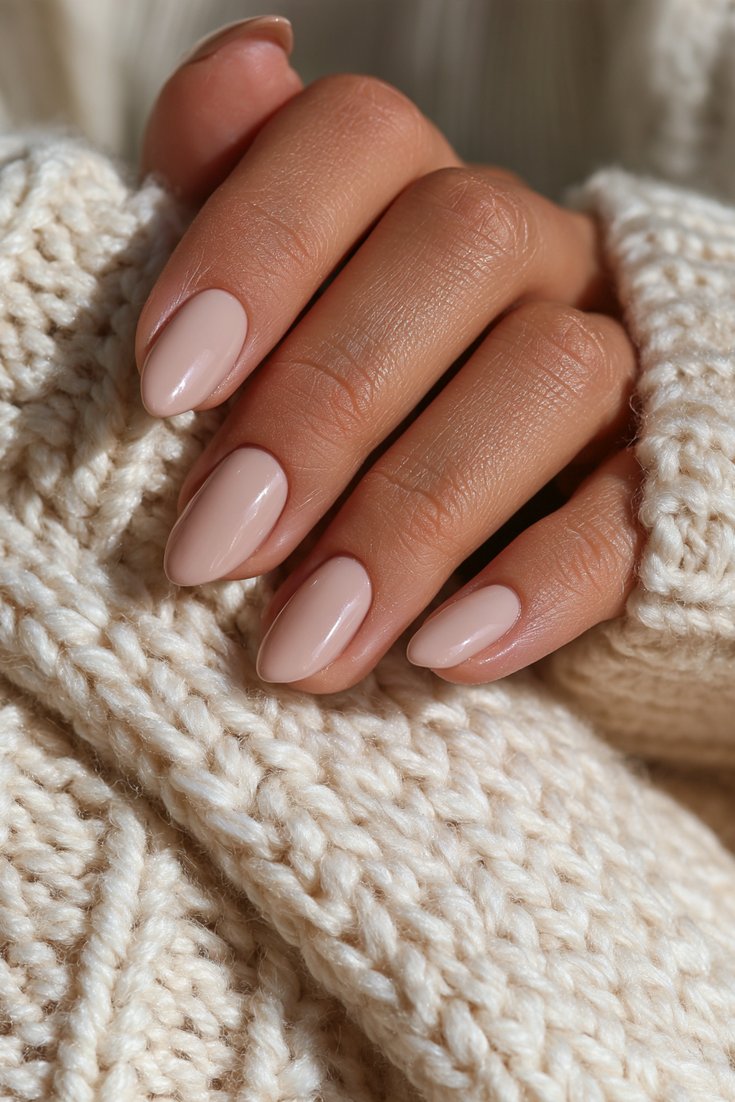 Left hand with short almond Gel X nails in a glossy milky pink finish resting on a cream knit scarf