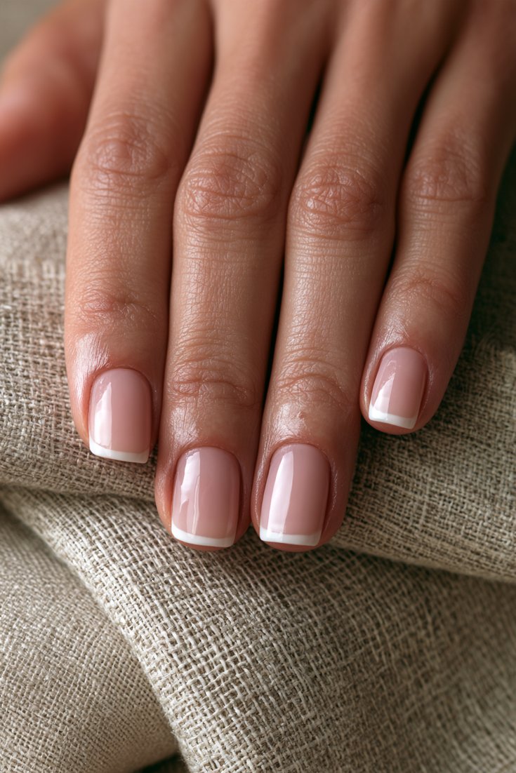 Left hand with short square Gel X nails in a sheer pink base with a thin white micro French tip on a linen cloth
