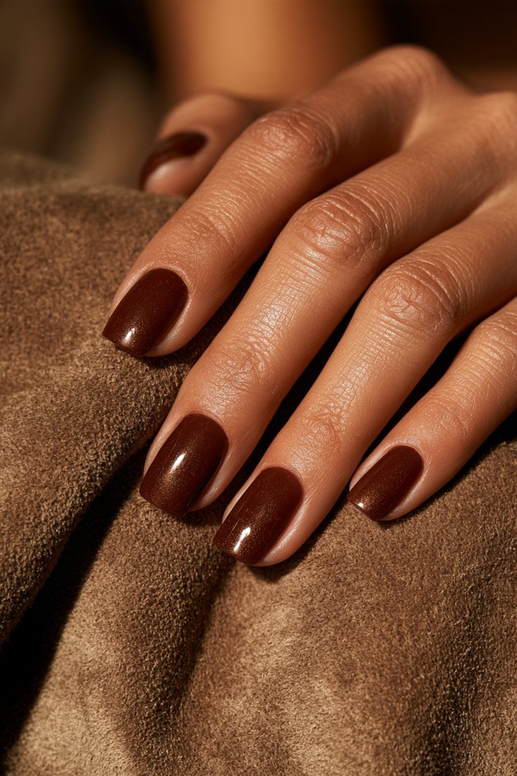 Left hand with medium squoval Gel X nails in chocolate brown with a pearl glaze chrome finish resting on a brown suede cloth