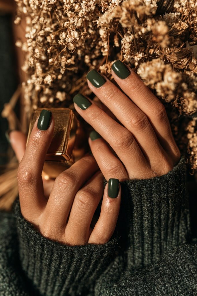 Close up of hands with glossy dark green nails holding a small gold box and a bouquet of dried flowers