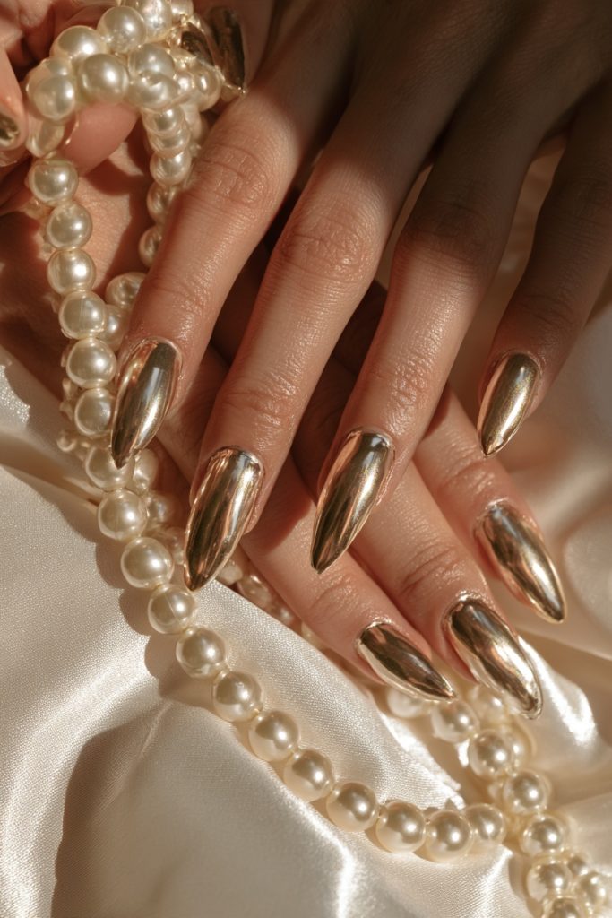 Close up of hands with gold chrome almond nails among a pearl necklace and cream silk