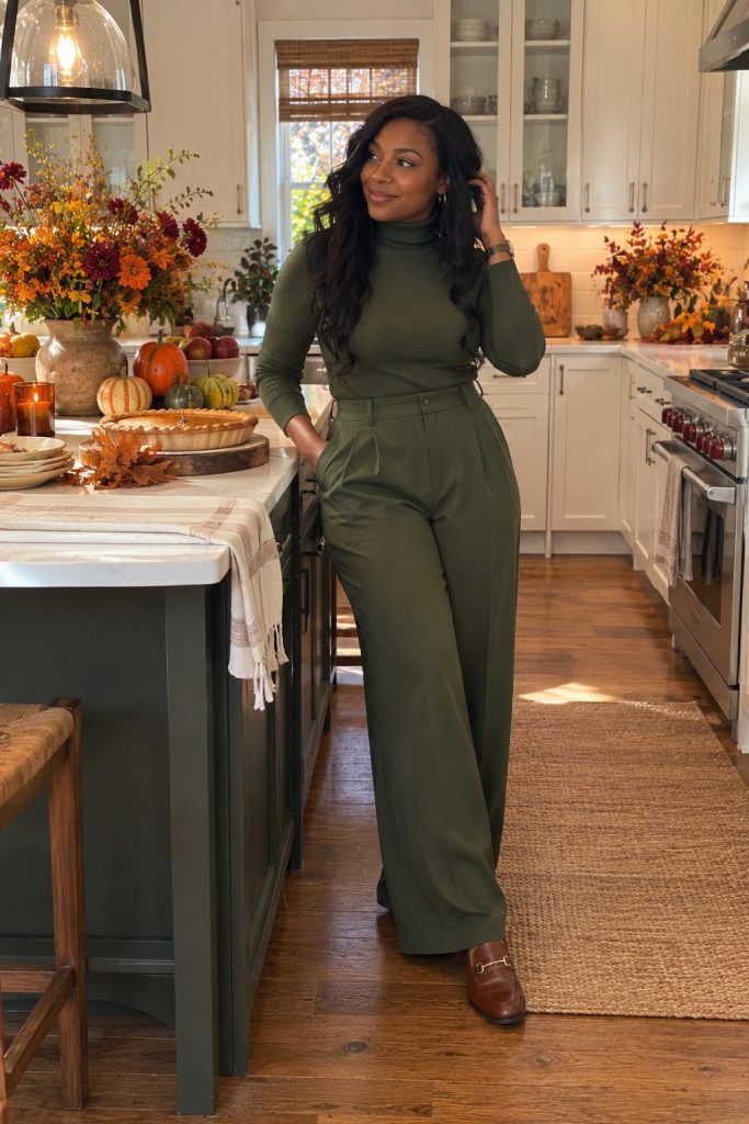 Green turtleneck with matching olive wide leg trousers in a monochrome look
