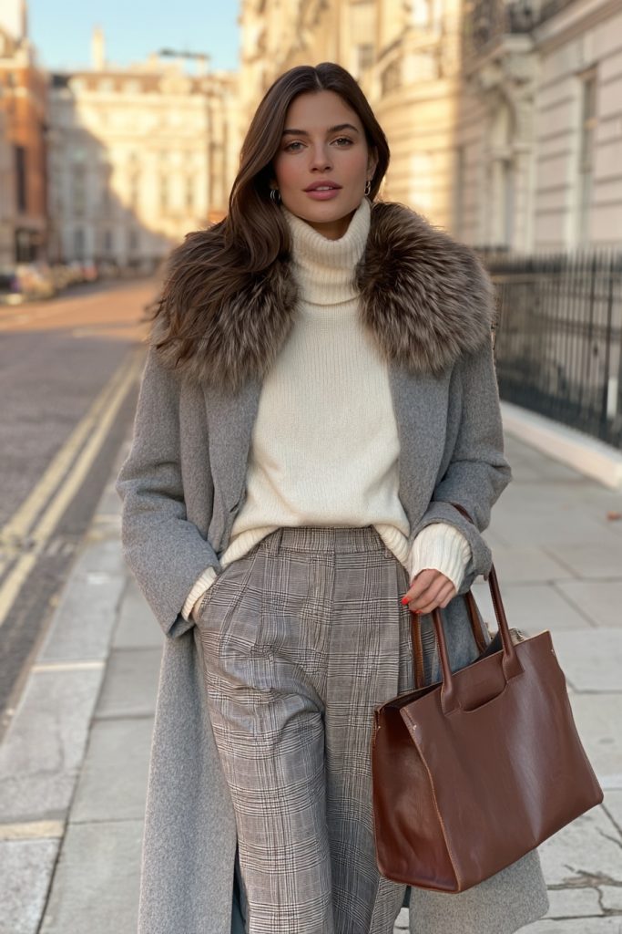 Woman in a grey wool coat with a faux fur collar, a cream turtleneck and checked trousers on a sunny street